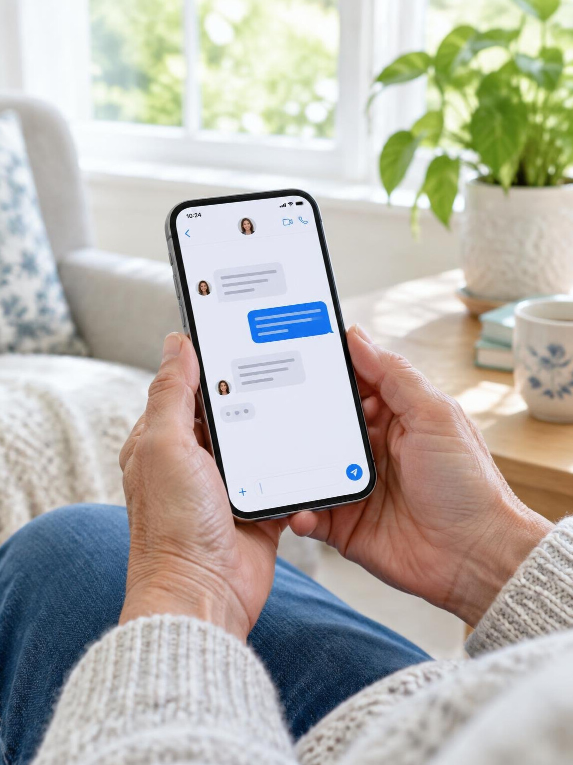 Older hands holding a smartphone in a bright room