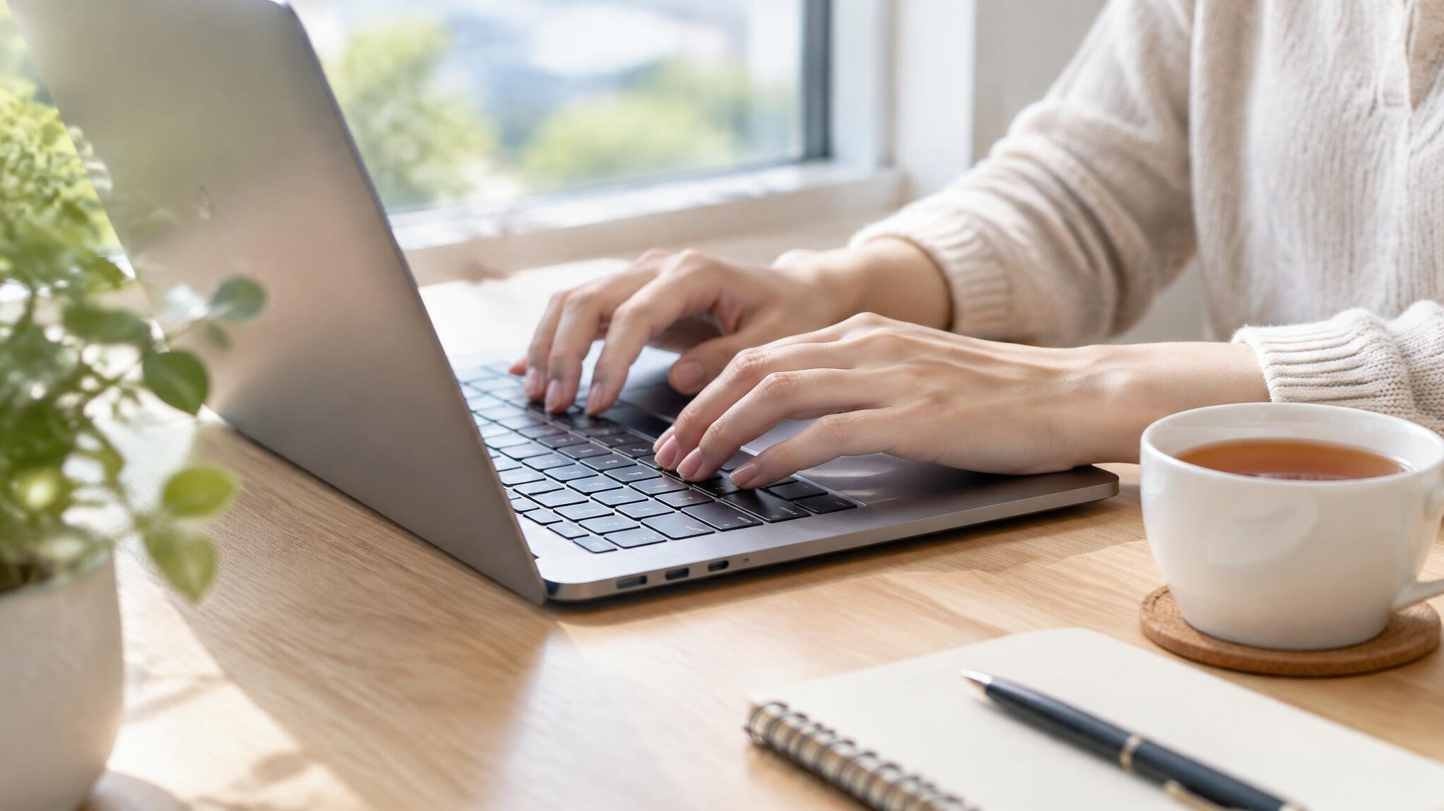 Hands typing on a laptop on a wooden desk near a window