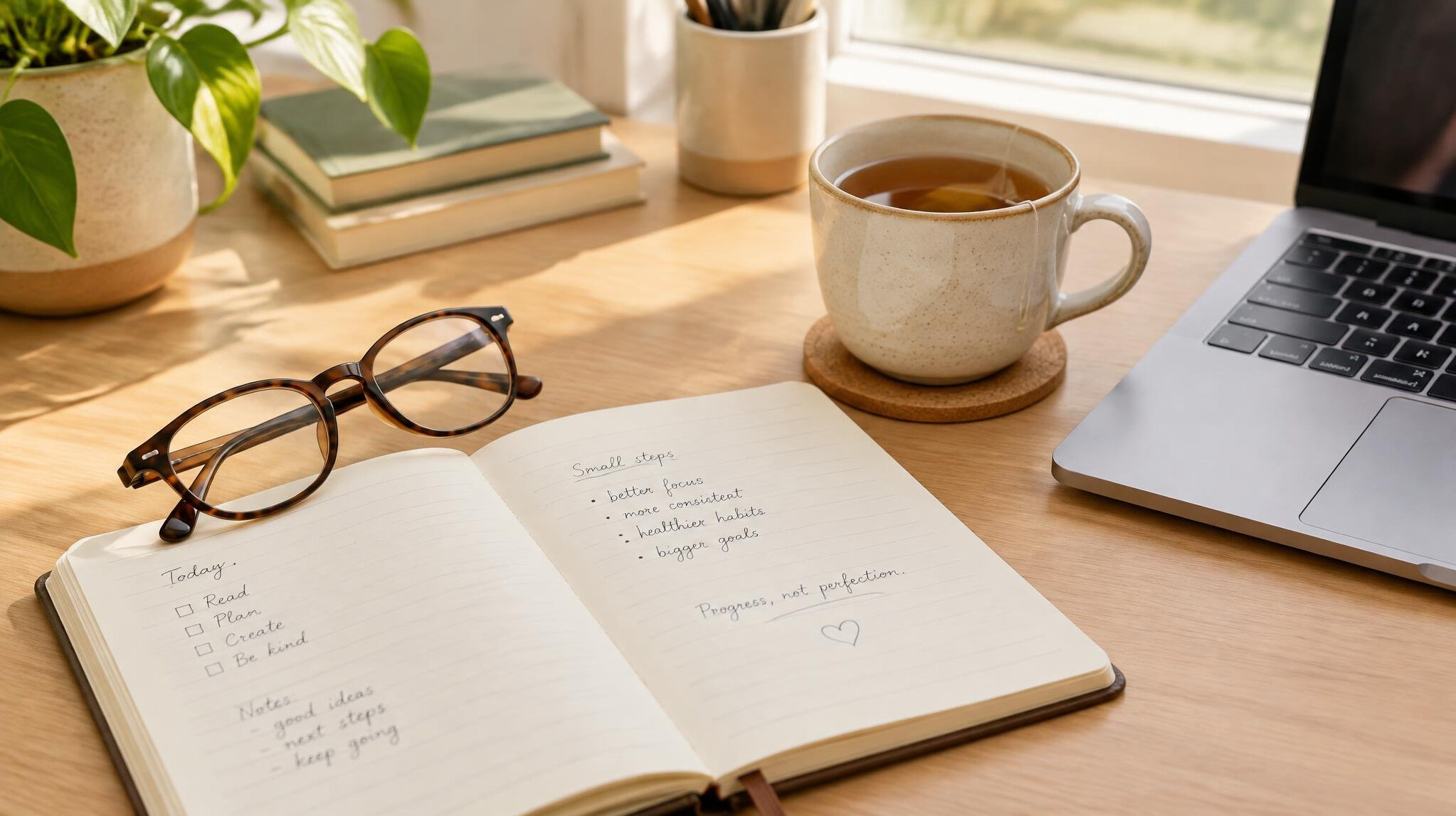 Reading glasses, notebook and a cup of tea on a desk beside a laptop