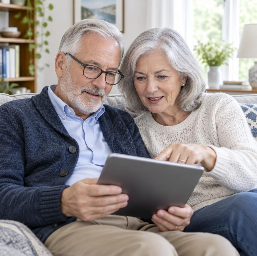 Senior couple looking together at a tablet on a sofa