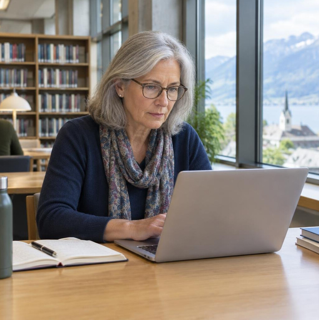 Senior woman concentrating on a laptop at a library table